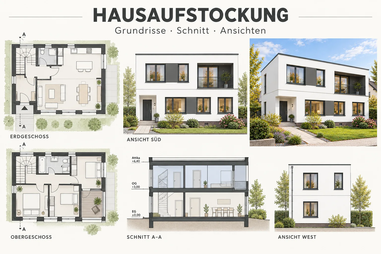 Hausaufstockung  Grundrisse, Schnitt und Ansichten