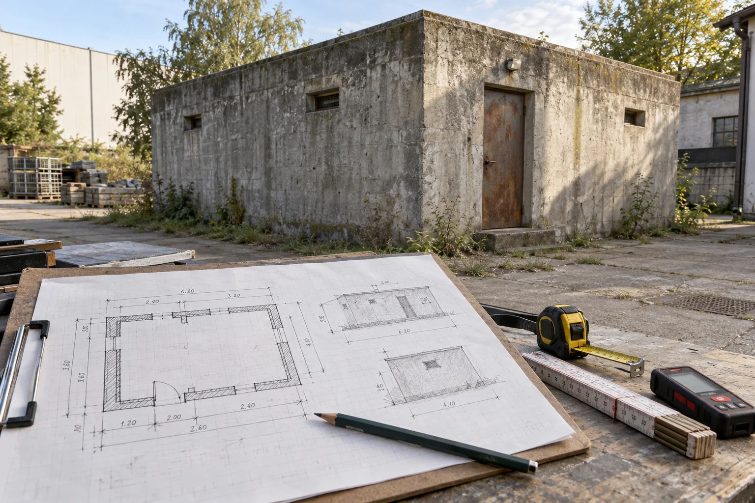 Handaufmaß am alten Betonbau